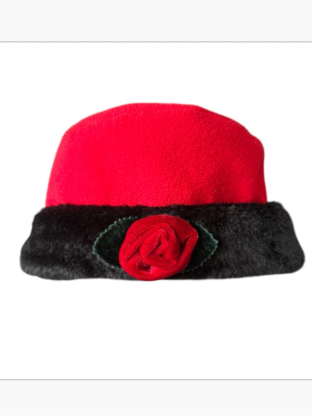 Vintage Kids Red Fleece Cloche Hat Faux Fur Brim Rosette Accent Toddler Girl OS